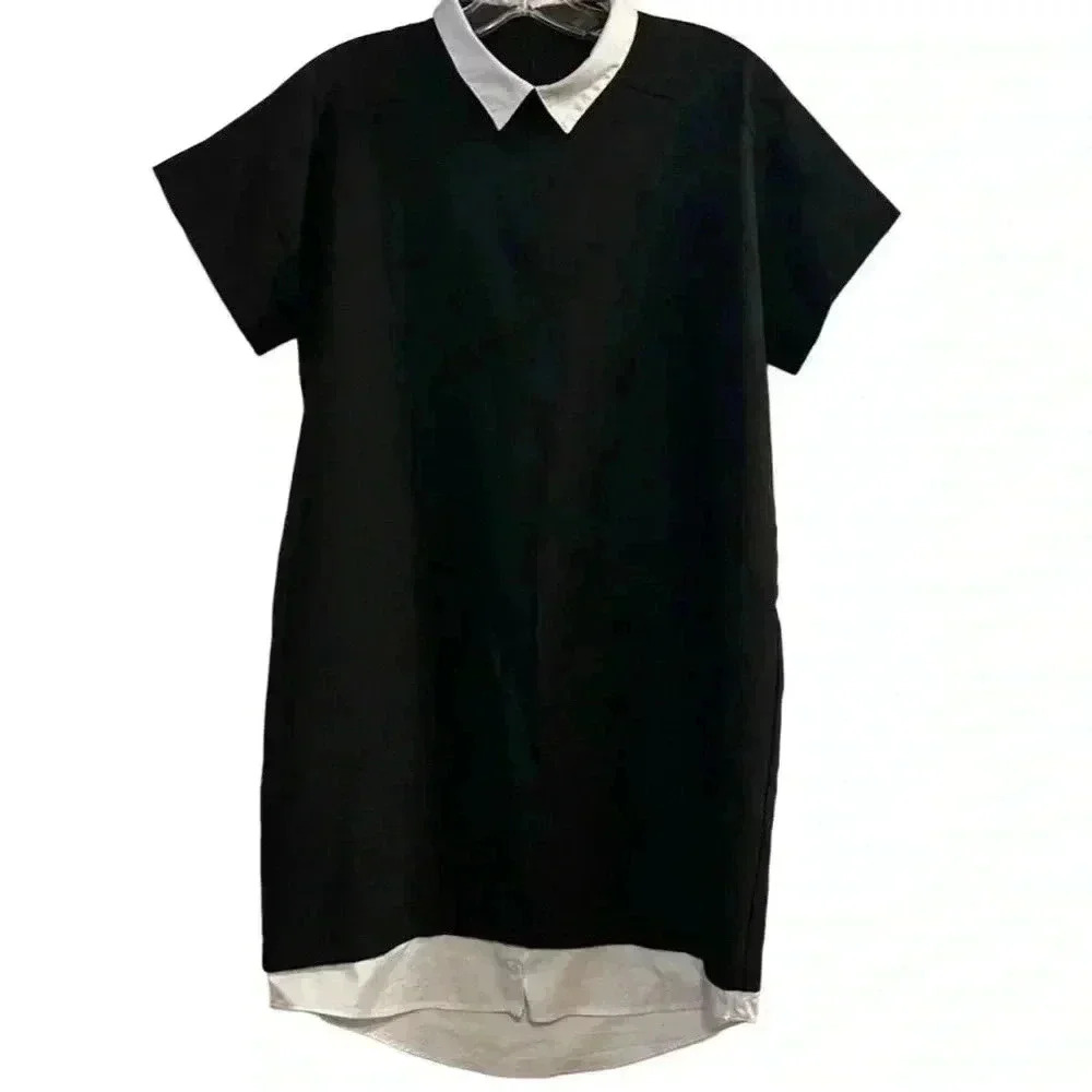 Zara Black Shirt Dress‎ with White Peter Pan Collar Size S Short Sleeve